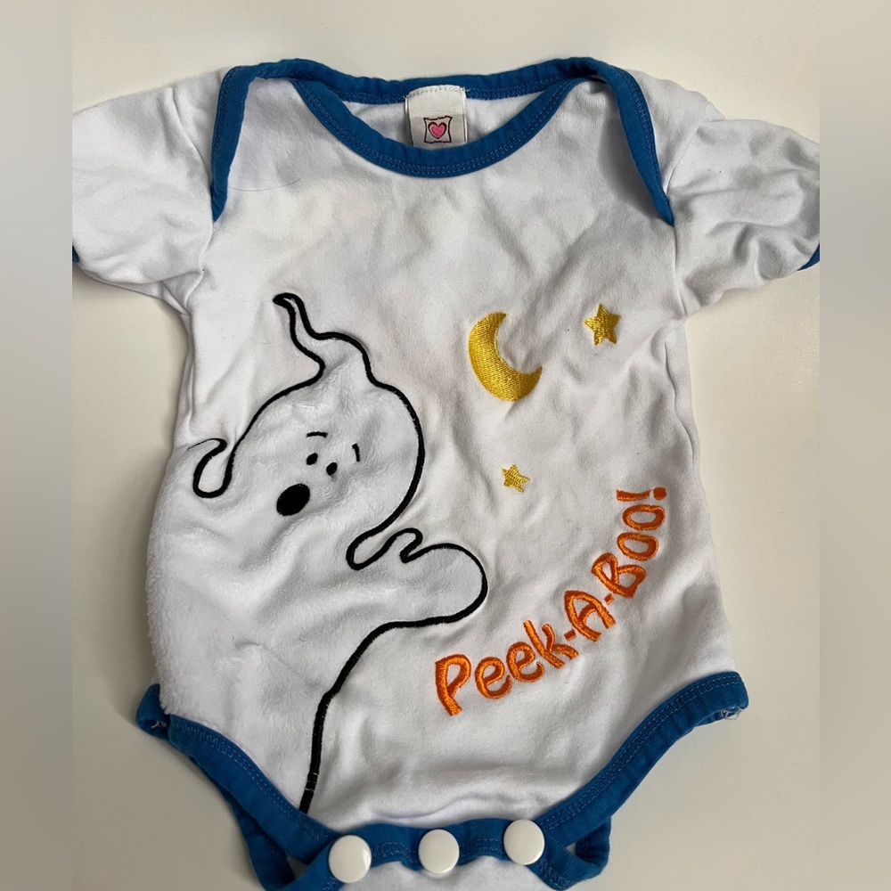 GANZ Vintage Halloween Baby Onesie Fuzzy Ghost & Embroidered Stars 3-6 Months
